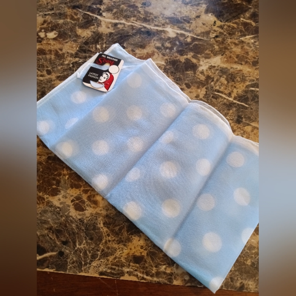 Vintage All Weather Blue White Polka Dot Sheer Scarf Head Wrap Japan